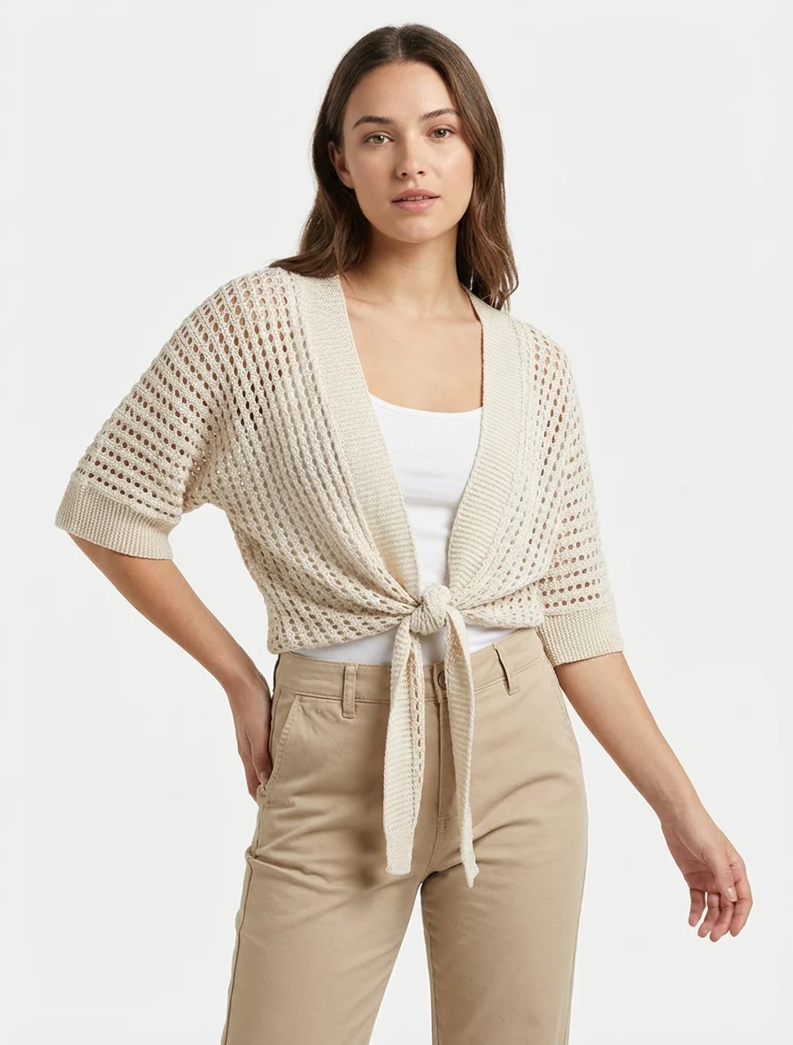 Gilet ajouré à nouer - Beige - Image 4