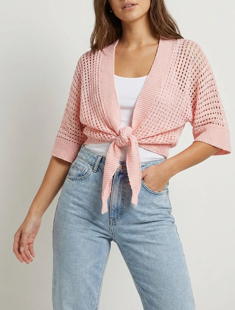 Gilet ajouré à nouer - Rose - Image 4