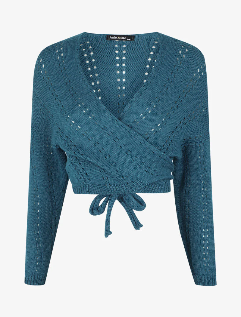 Gilet cache-coeur court en maille ajourée - Bleu