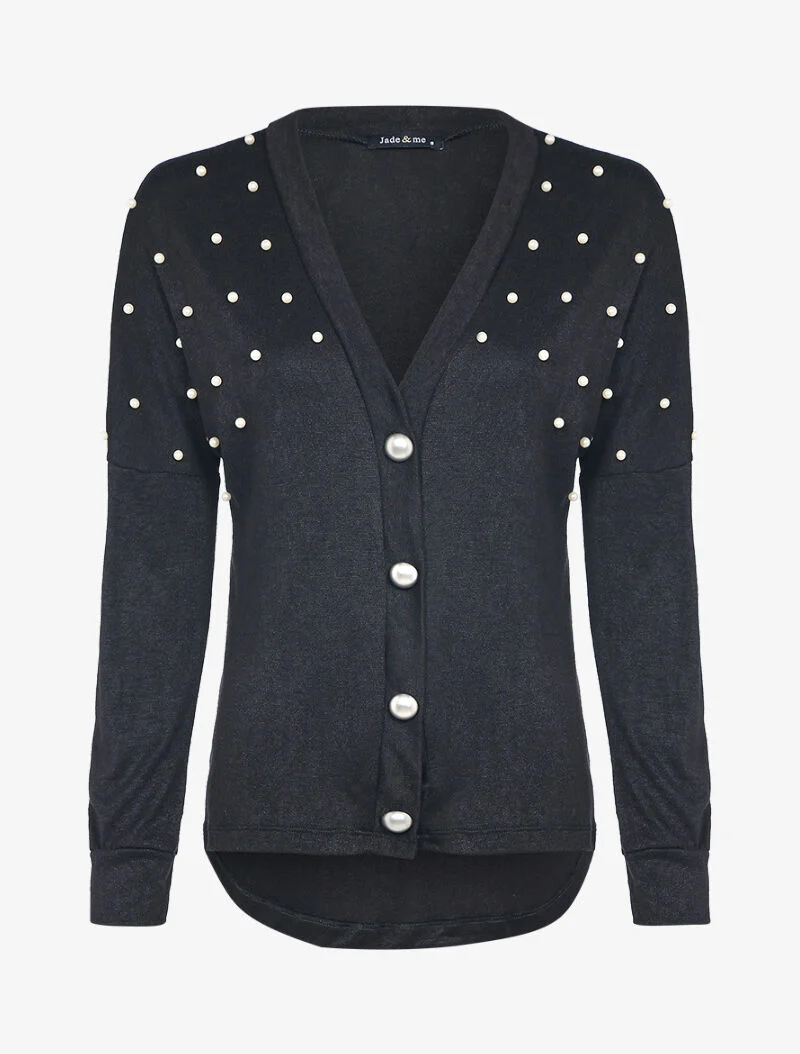 Gilet col V à perles nacrées - Noir - Image 2
