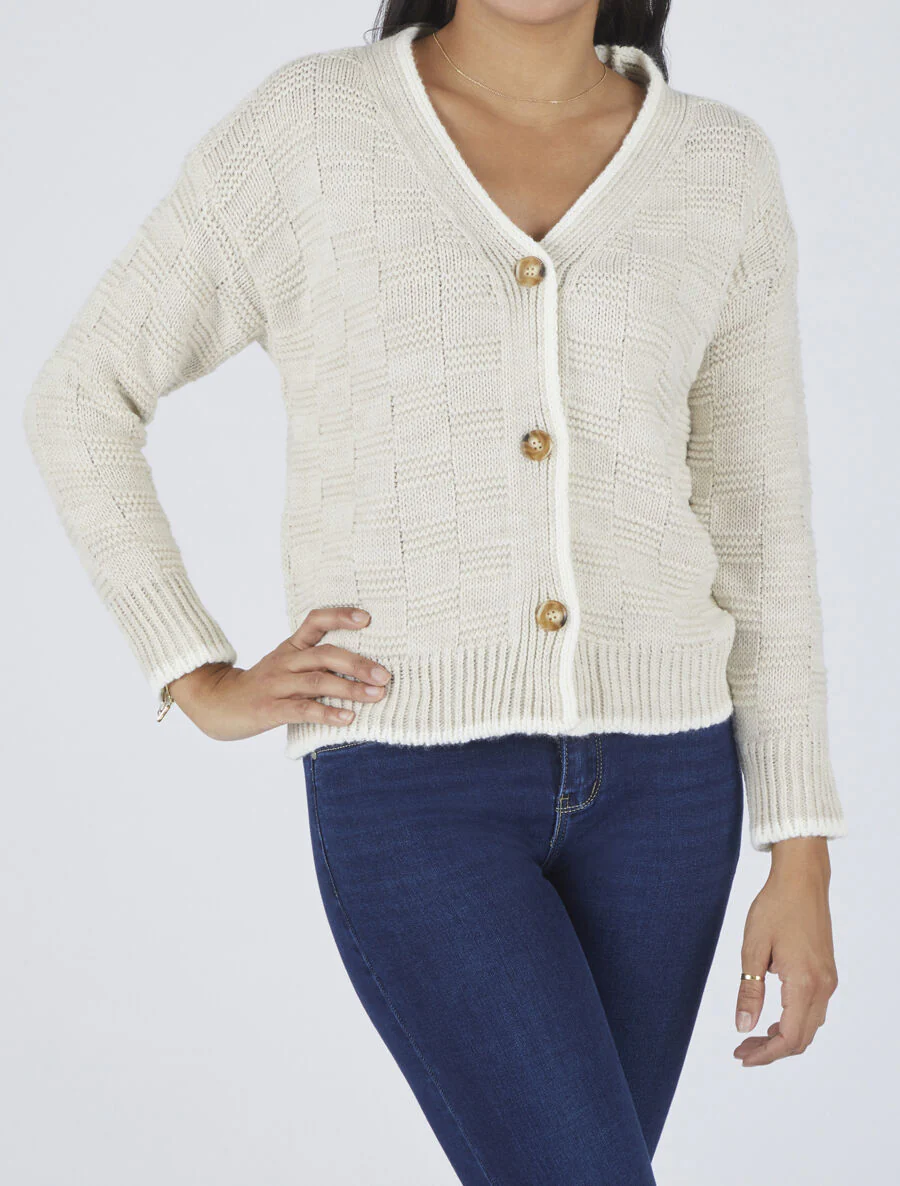 Gilet col V en maille stylisée - Beige - Image 4