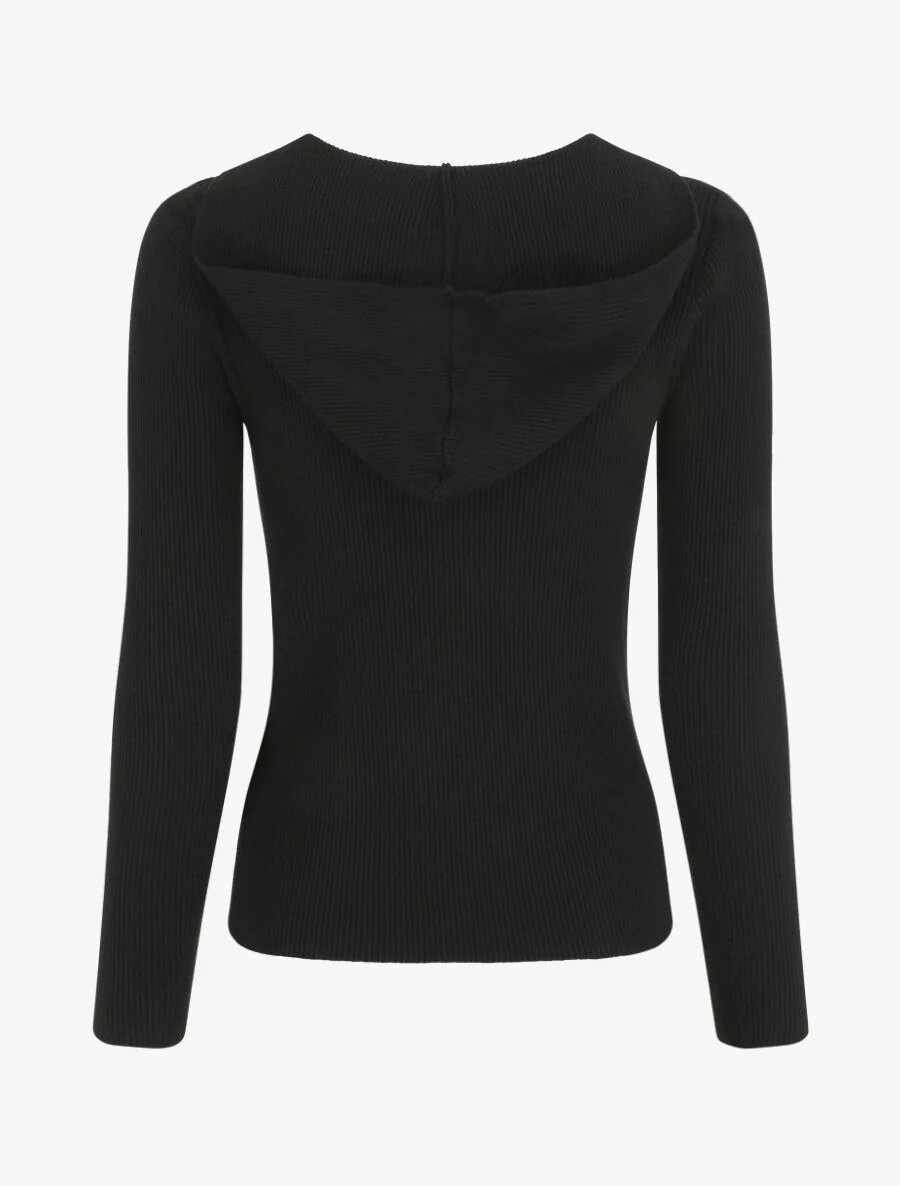 Gilet côtelé à capuche et zip - Noir - Image 2