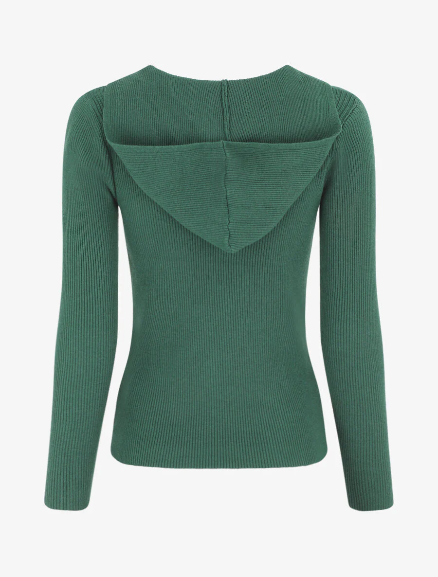 Gilet côtelé à capuche et zip - Vert - Image 2