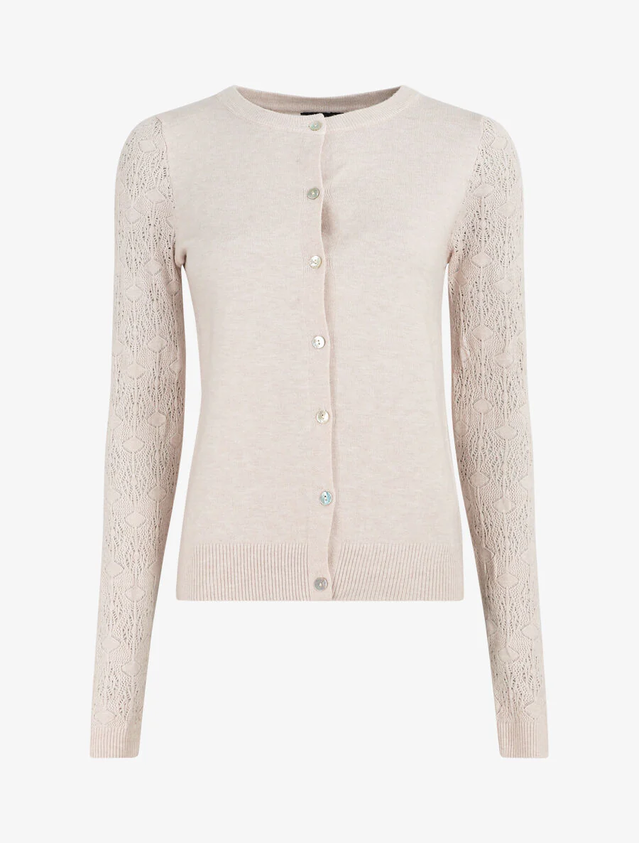 Gilet droit à manches en maille fantaisie - Beige