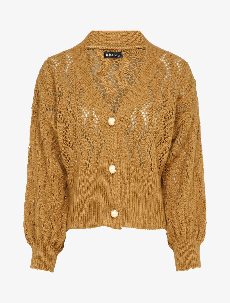 Gilet en maille ajourée à boutons en perles - Camel