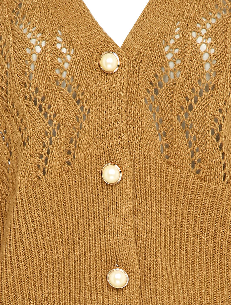 Gilet en maille ajourée à boutons en perles - Camel - Image 3