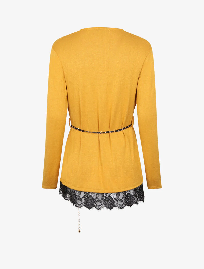 Gilet en maille fine à bords en dentelle - Jaune - Image 2