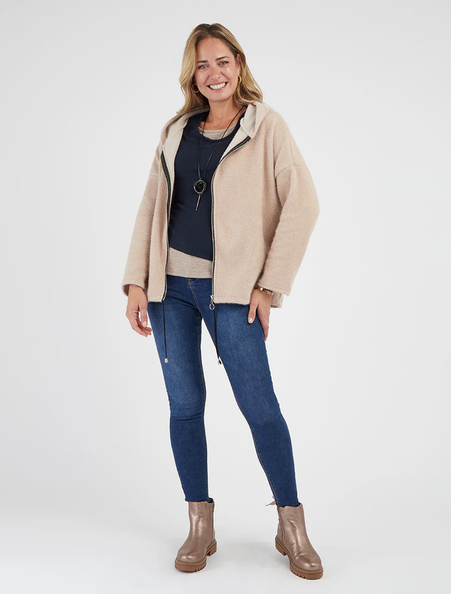 Gilet en maille zippé à capuche - Beige - Image 5