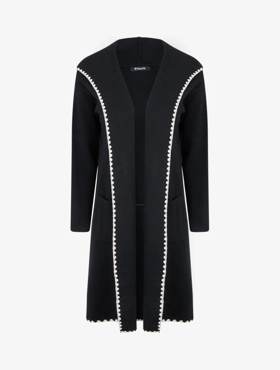 Gilet long à capuche et liseré brodé - Noir
