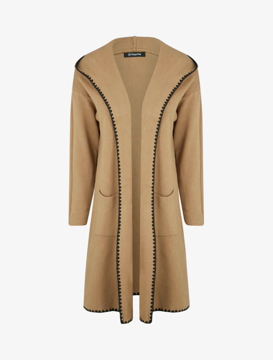 Gilet long à capuche et liseré brodé - Camel