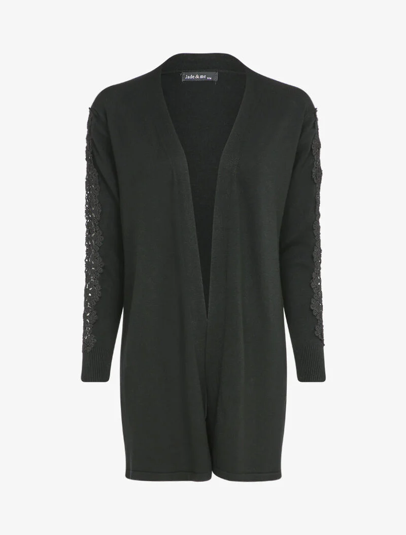 Gilet long à manches à empiècement brodé - Noir