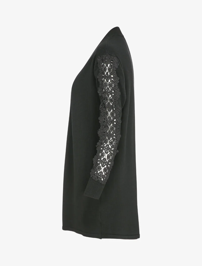 Gilet long à manches à empiècement brodé - Noir - Image 3