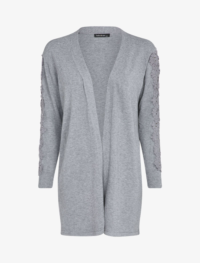 Gilet long à manches à empiècement brodé - Gris chiné
