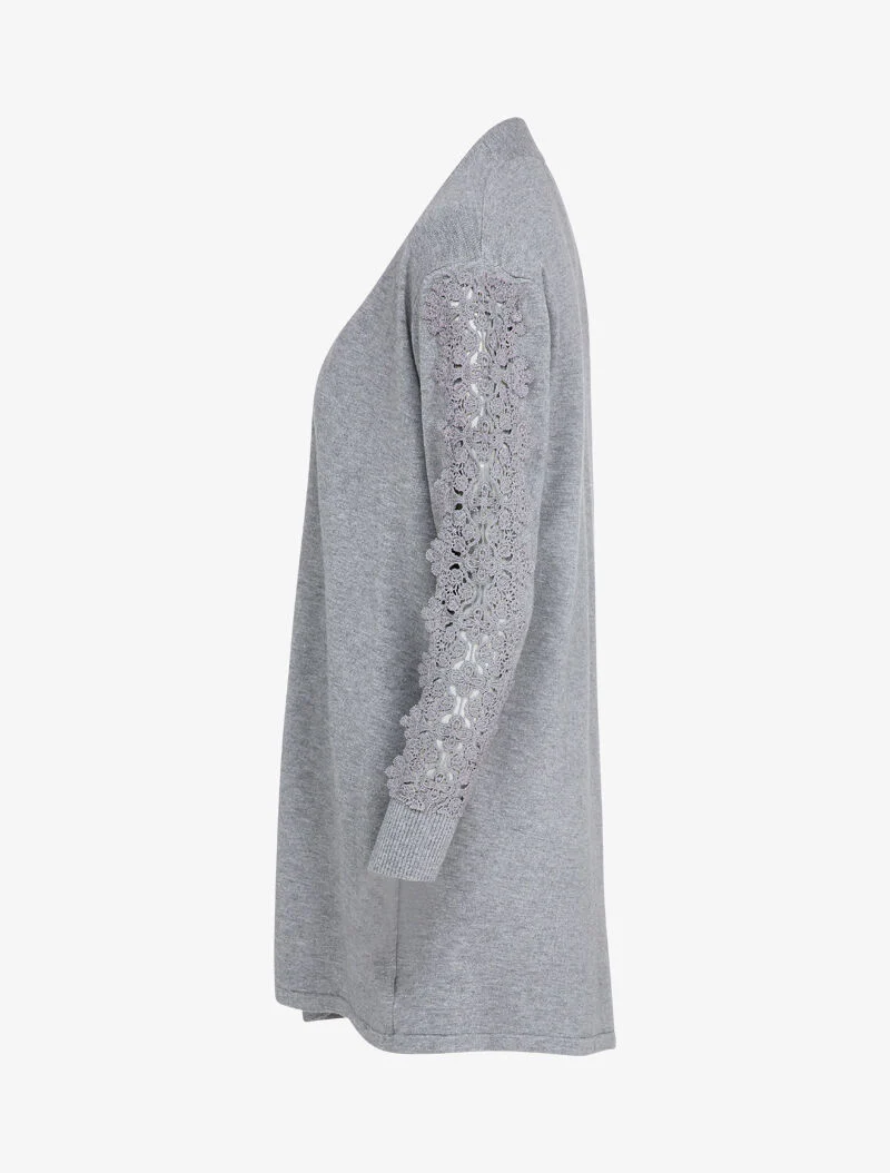 Gilet long à manches à empiècement brodé - Gris chiné - Image 3