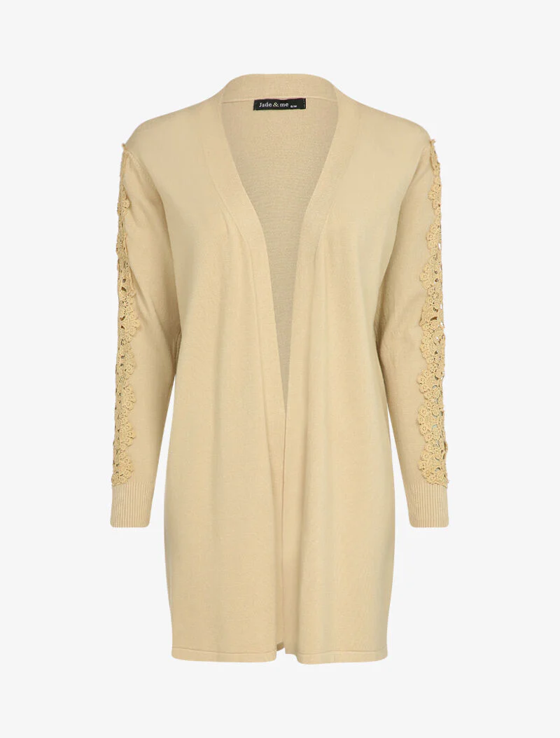 Gilet long à manches à empiècement brodé - Beige