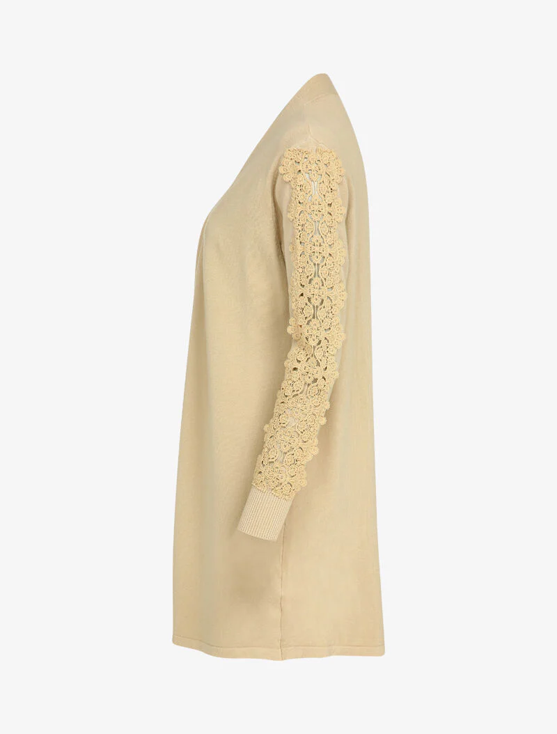 Gilet long à manches à empiècement brodé - Beige - Image 3