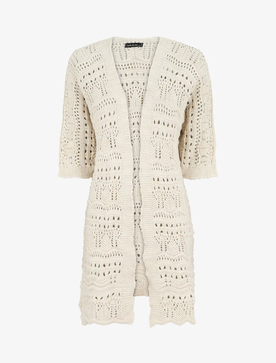 Gilet long en maille ajourée à manches 3/4 - Beige