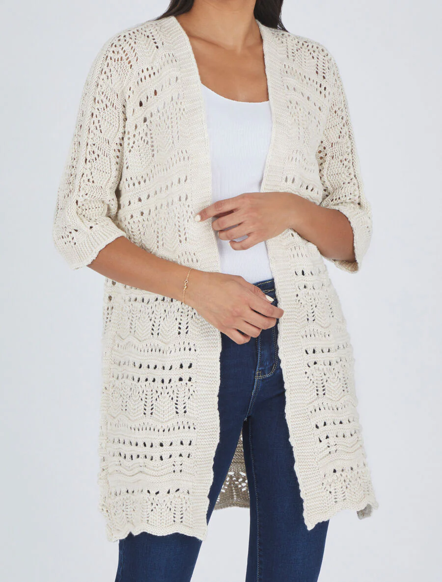 Gilet long en maille ajourée à manches 3/4 - Beige - Image 4