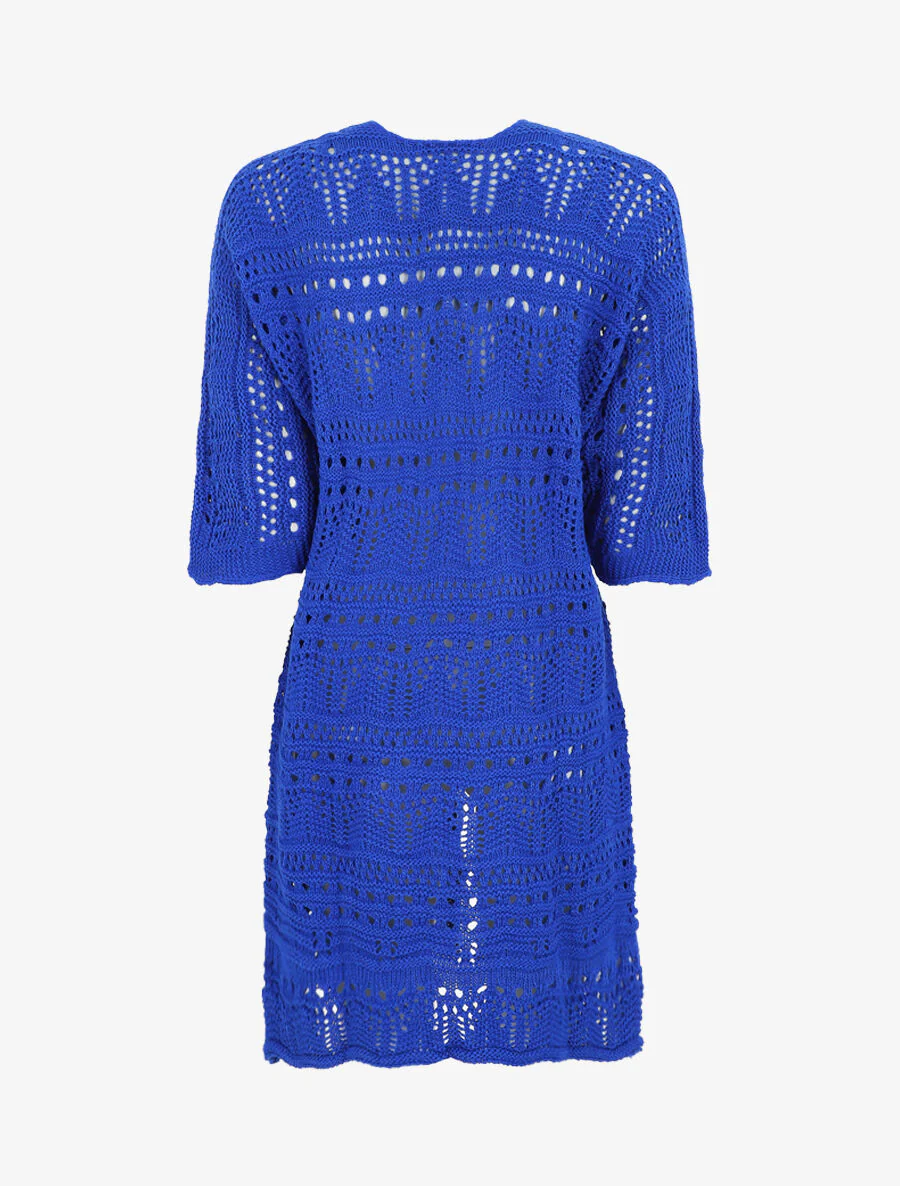 Gilet long en maille ajourée à manches 3/4 - Bleu roi - Image 2