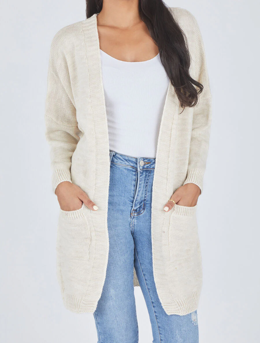Gilet long ouvert à manches chauve-souris - Beige - Image 4