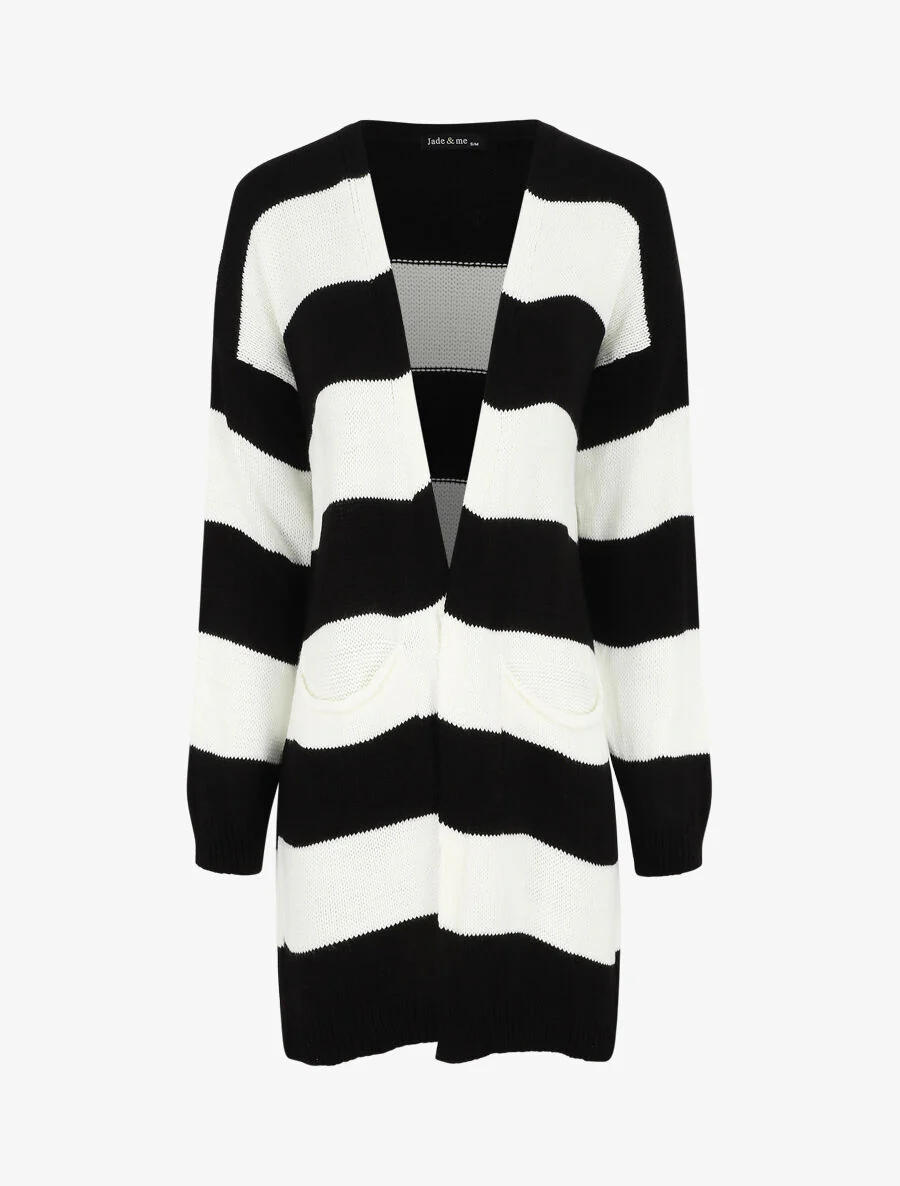 Gilet long ouvert à rayures - Noir