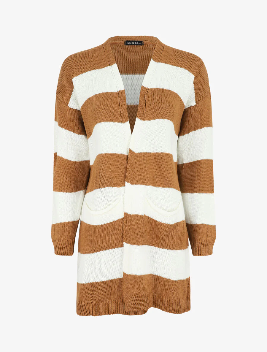 Gilet long ouvert à rayures - Camel