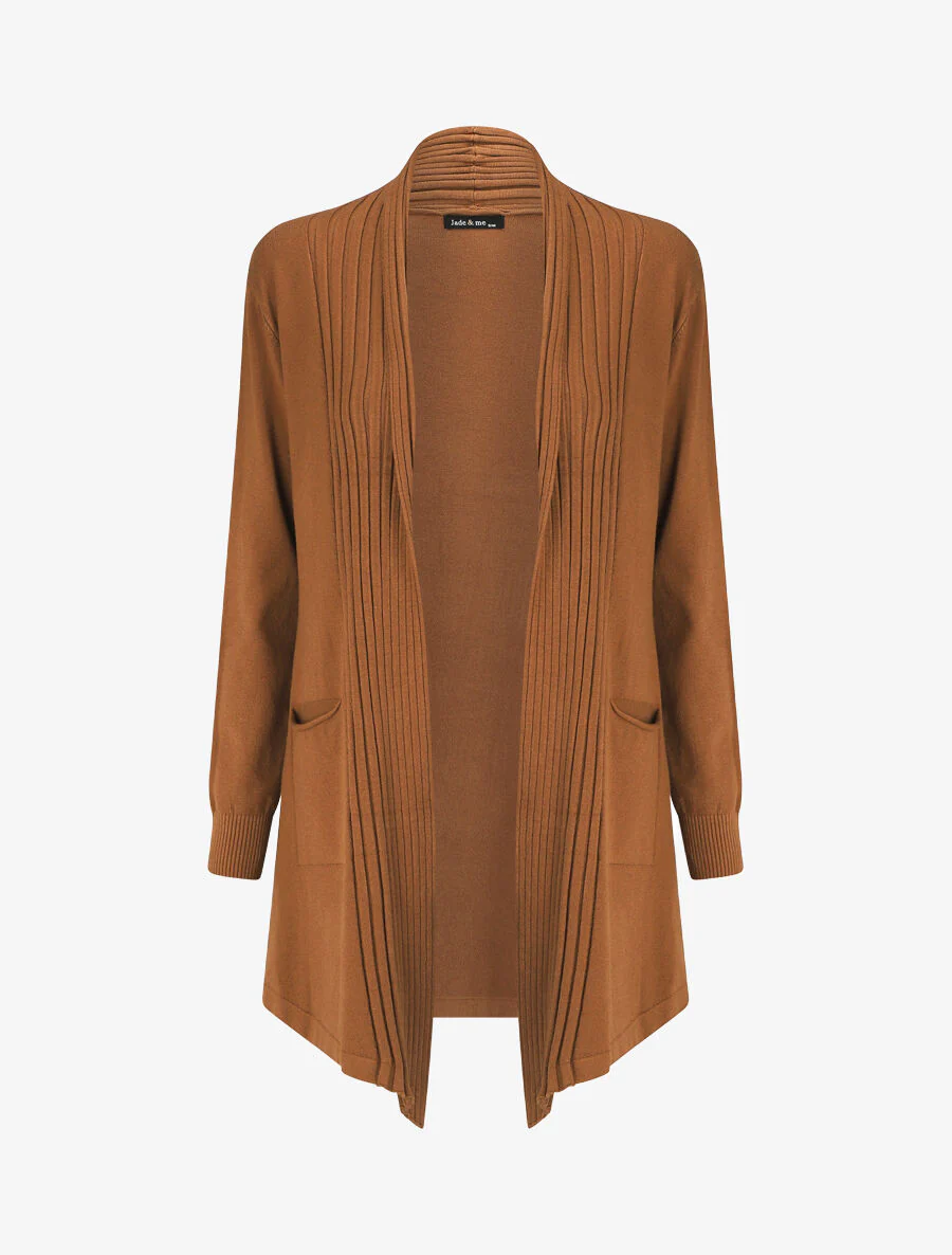 Gilet long uni à bords côtelés - Camel