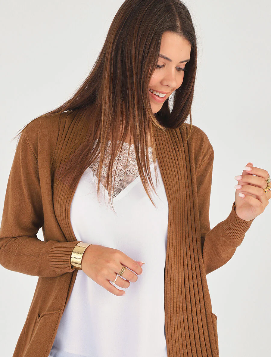 Gilet long uni à bords côtelés - Camel - Image 6