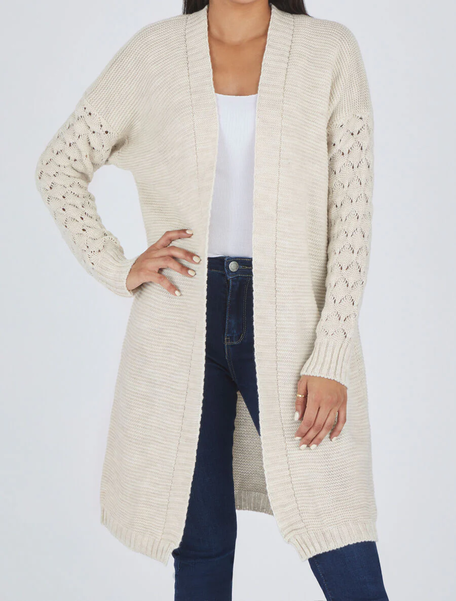Gilet long uni à manches longues - Beige - Image 4