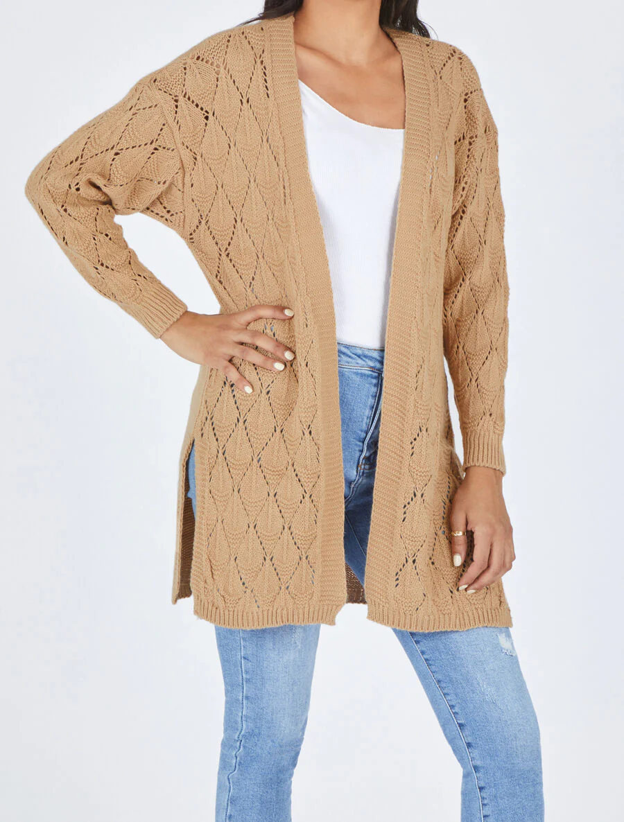 Gilet long uni en maille fine - Camel - Image 4