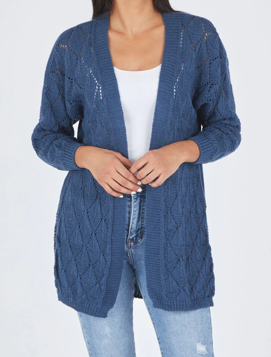 Gilet long uni en maille fine - Bleu - Image 4