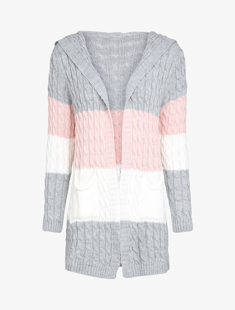 Gilet mi-long à capuche en maille tressée rayée - Rose