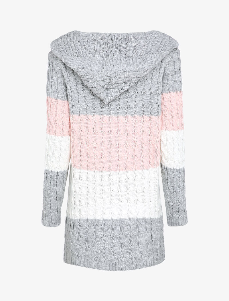 Gilet mi-long à capuche en maille tressée rayée - Rose - Image 2