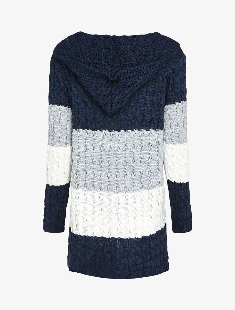 Gilet mi-long à capuche en maille tressée rayée - Marine - Image 2