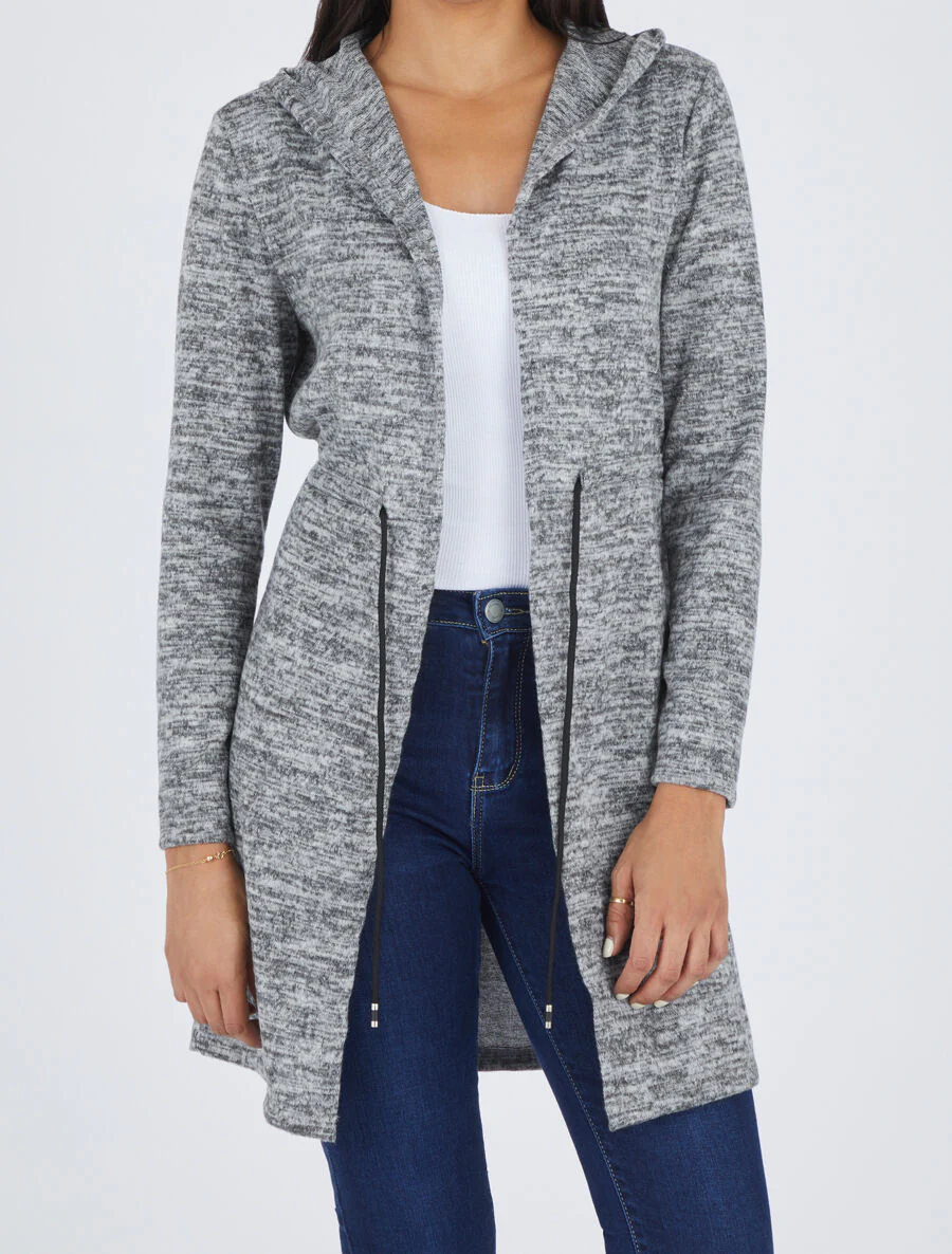 Gilet mi-long à capuche et liens - Gris - Image 4