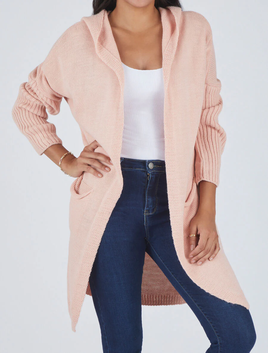 Gilet mi-long à capuche - Rose - Image 4