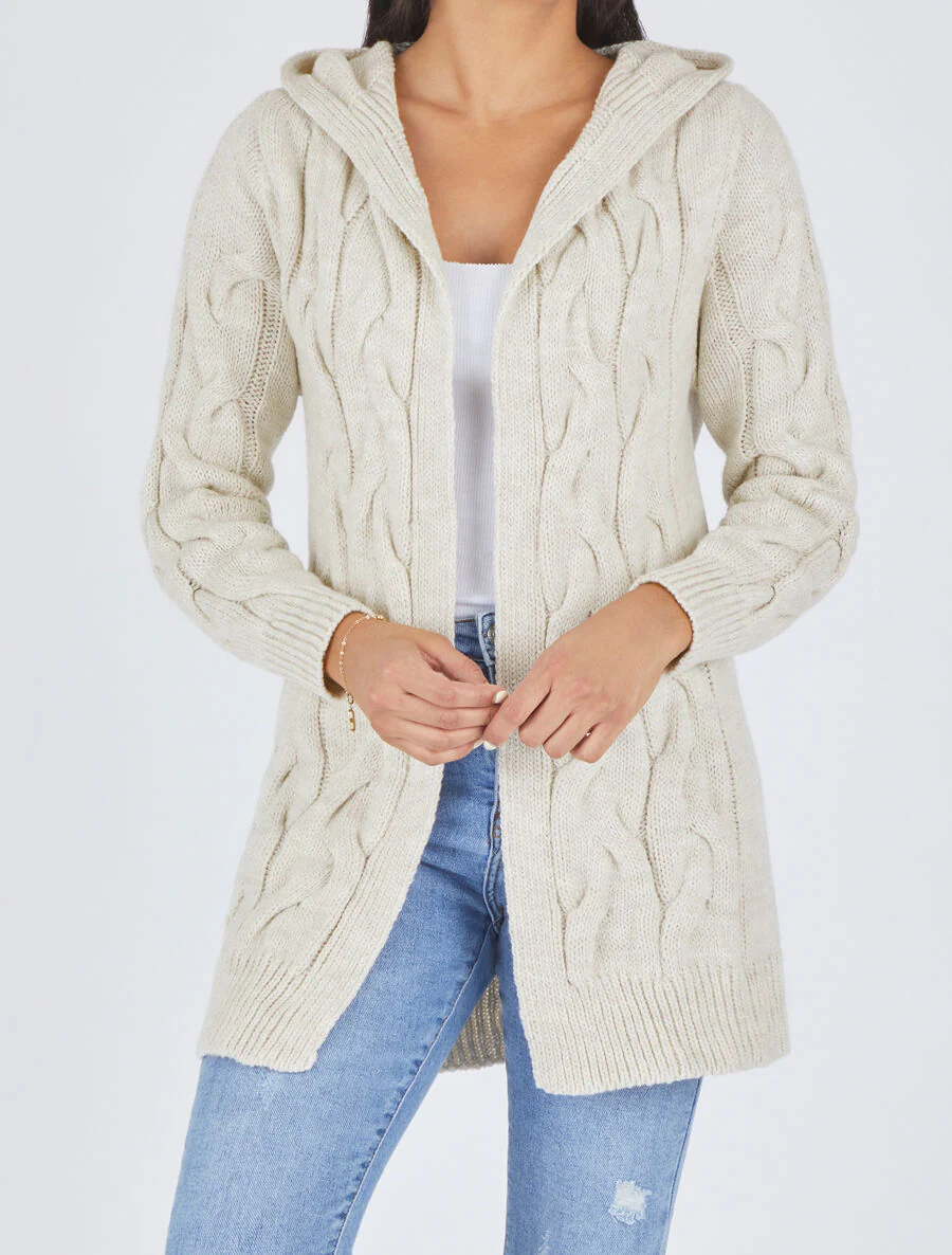 Gilet mi-long à capuche - Beige - Image 4