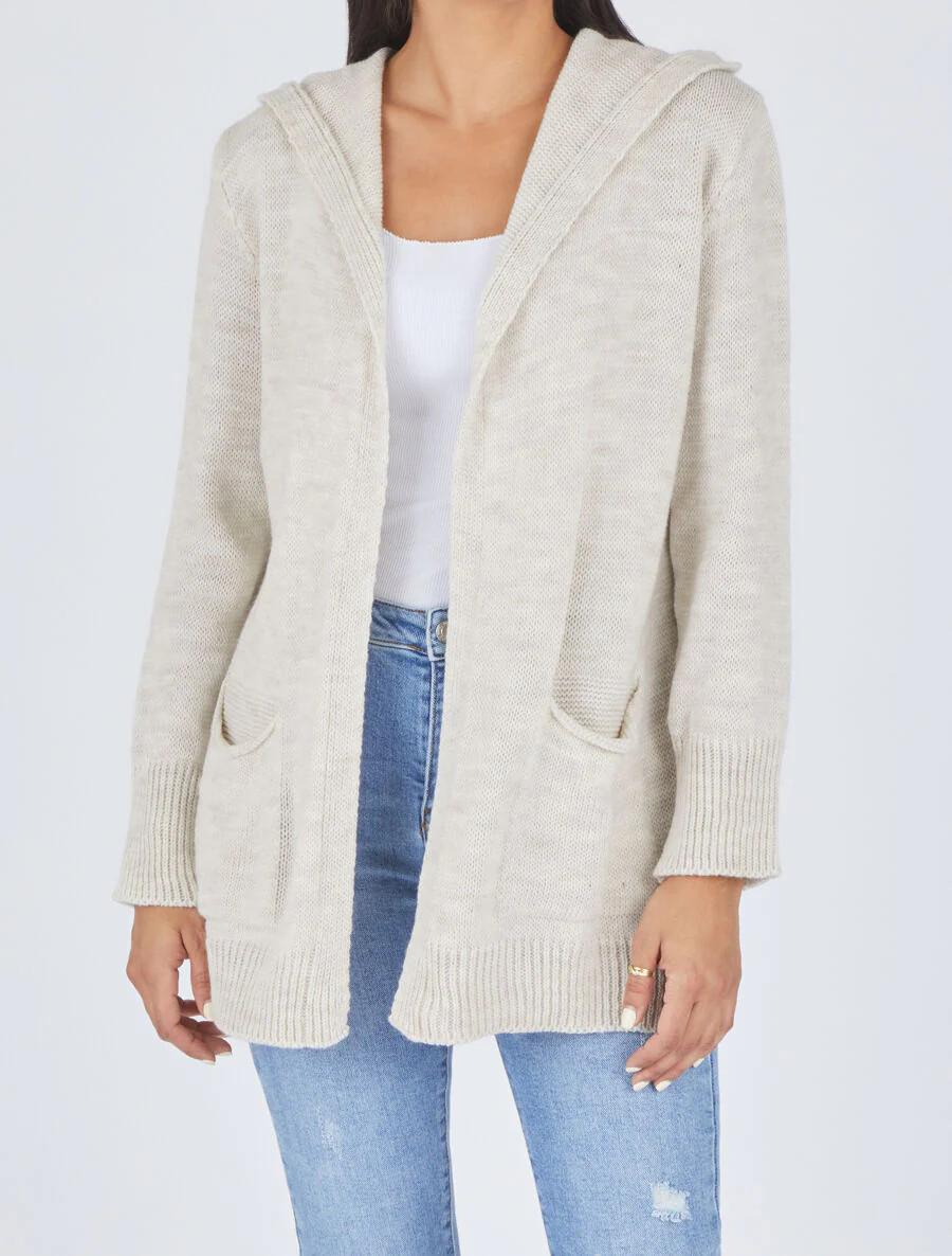 Gilet mi-long à capuche - Beige - Image 4