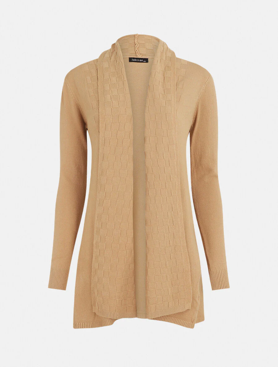 Gilet mi-long à col châle damier - Beige