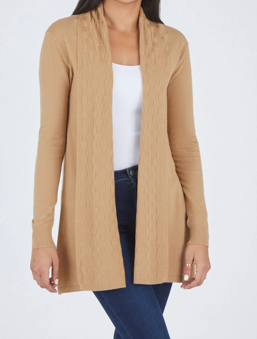 Gilet mi-long à col châle damier - Beige - Image 4