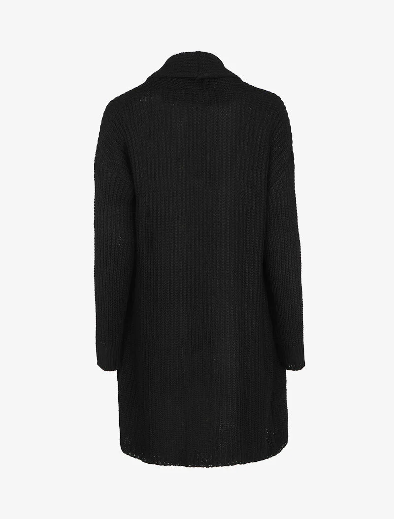Gilet mi-long en grosse maille à col châle - Noir - Image 2