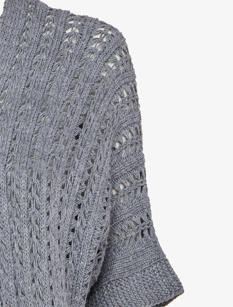 Gilet mi-long en maille ajourée à manches courtes style kimono - Gris foncé - Image 3