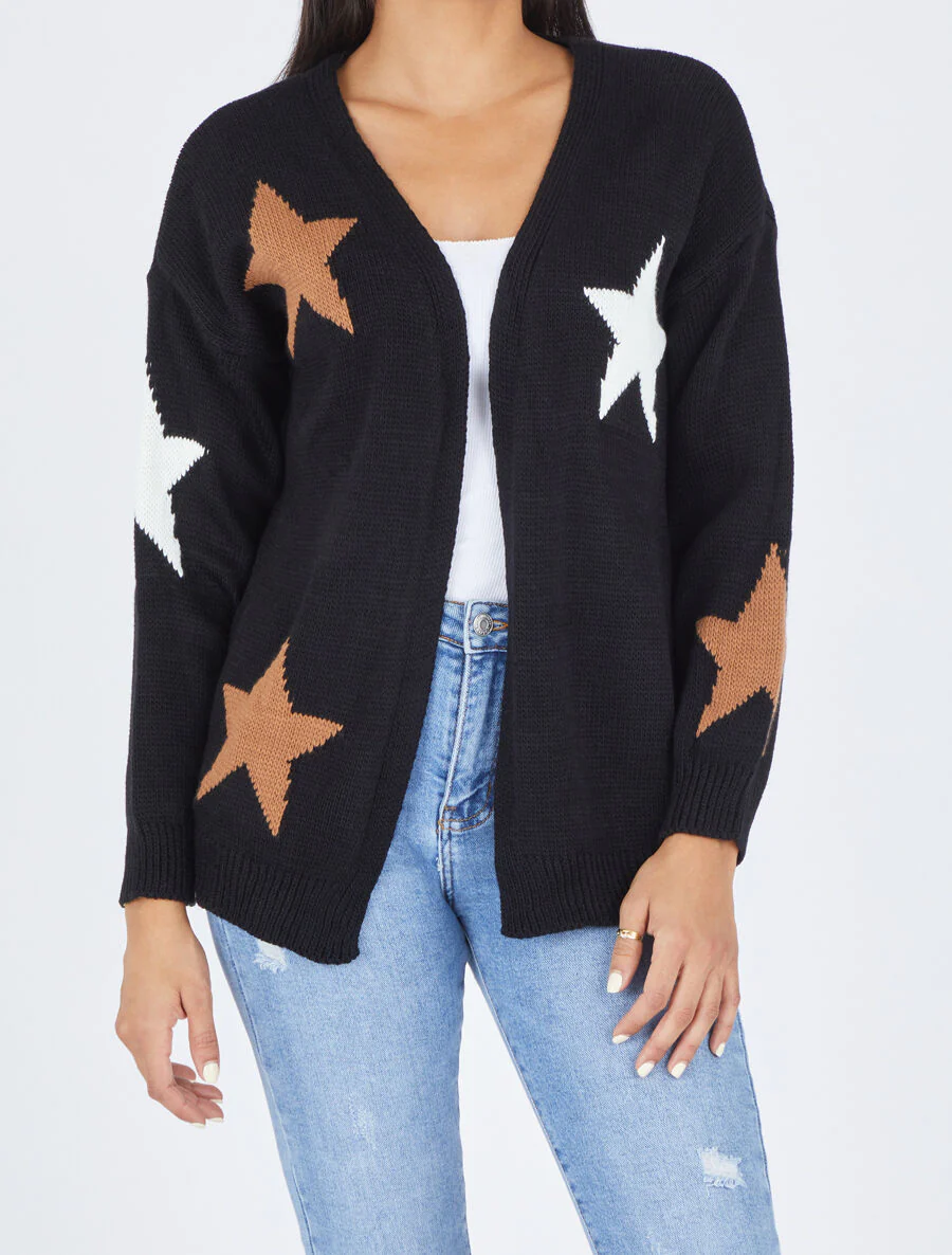 Gilet mi-long ouvert à imprimé étoiles - Noir - Image 4