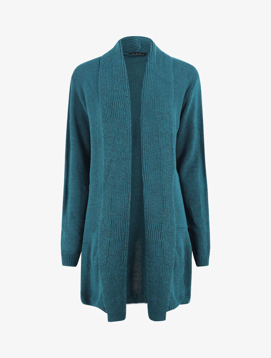 Gilet mi-long ouvert en maille - Bleu canard