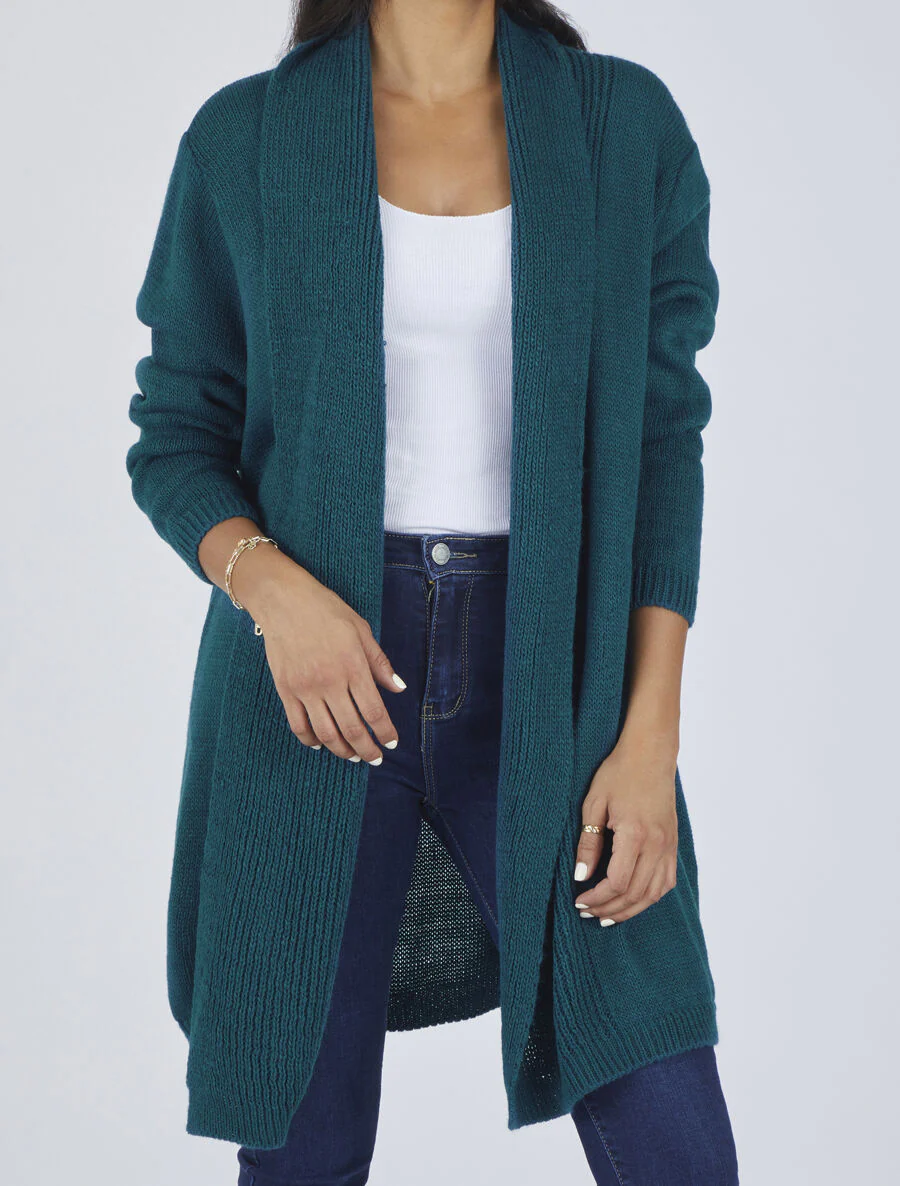 Gilet mi-long ouvert en maille - Bleu canard - Image 4