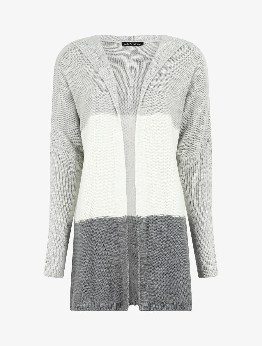Gilet mi-long rayé à capuche - Blanc/gris