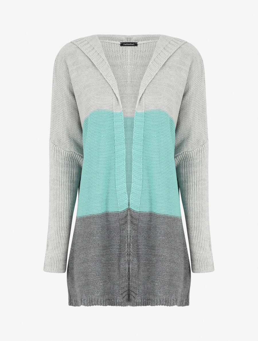 Gilet mi-long rayé à capuche - Bleu clair/gris