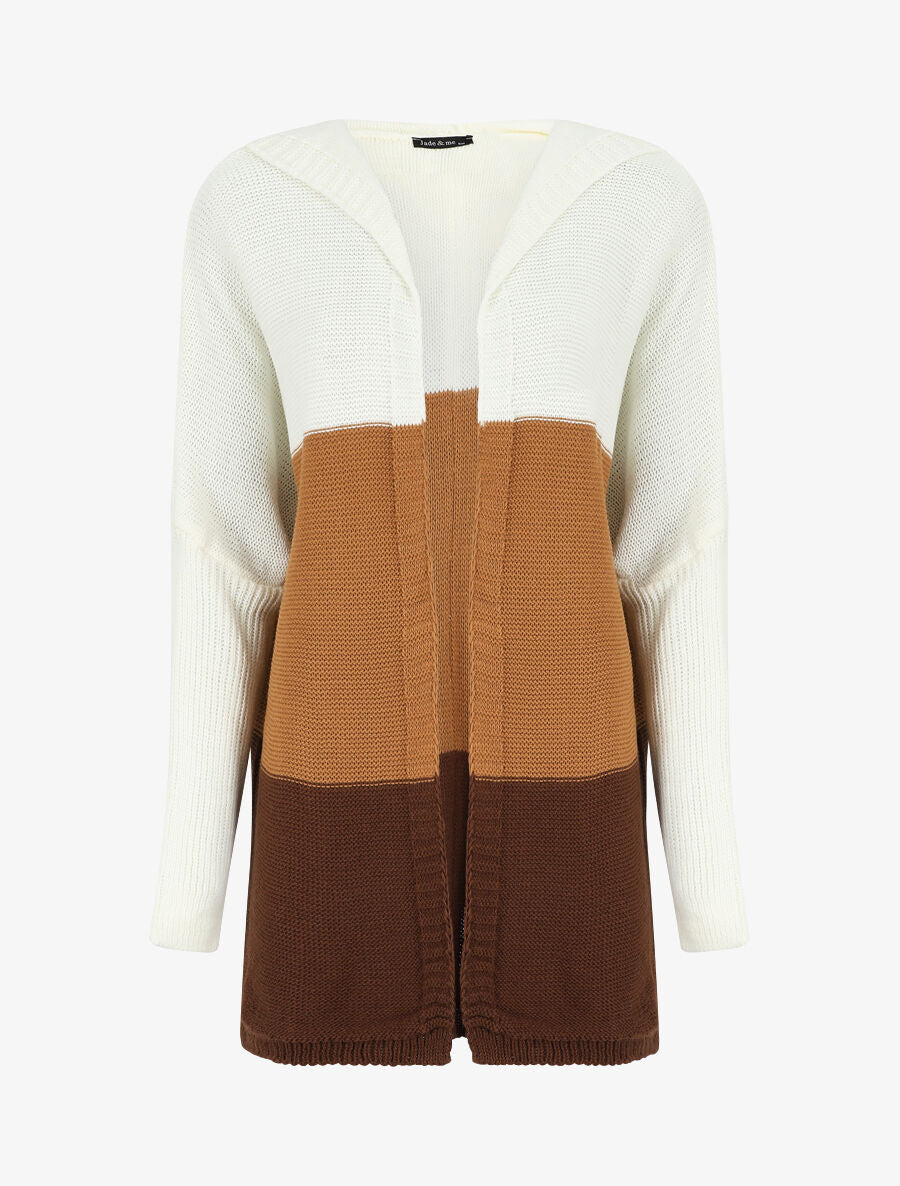 Gilet mi-long rayé à capuche - Camel/gris