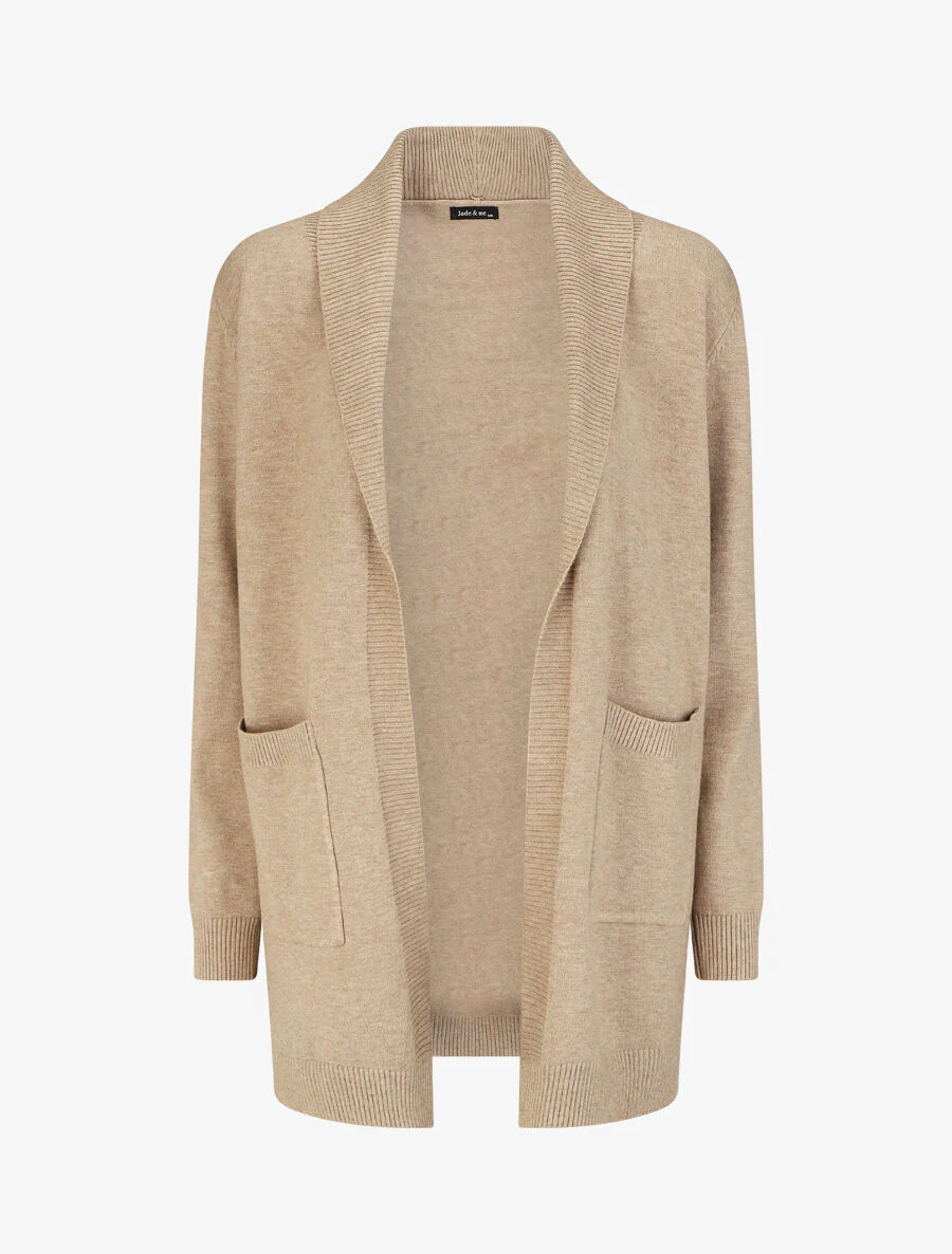 Gilet mi-long uni à bords côtelés - Beige
