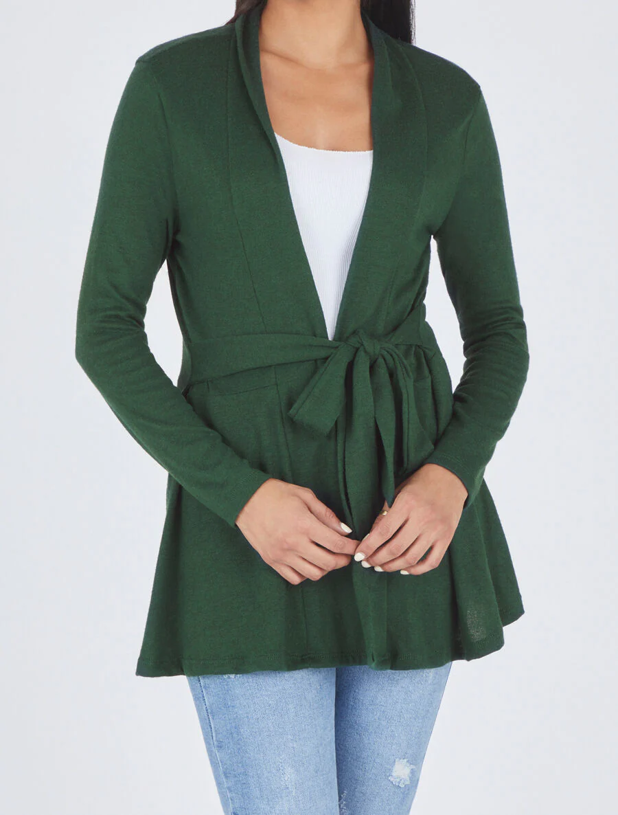 Gilet mi-long uni et ceinturé - Vert - Image 4